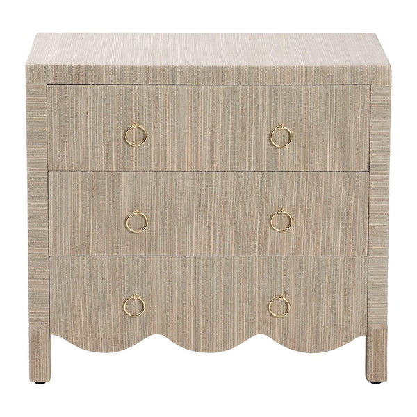 Baxton Studio bali Bali Umika Grasscloth Nightstand - Bohemian 3-Drawer Accent Chest with Gold Pulls for Bedroom Elegance Umika-Scalloped-Beige-Grasscloth-NS