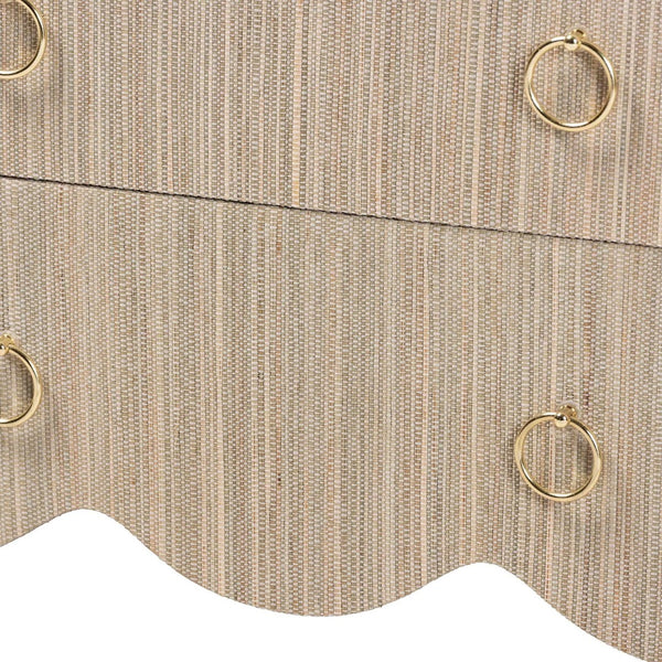 Baxton Studio bali Bali Umika Grasscloth Nightstand - Bohemian 3-Drawer Accent Chest with Gold Pulls for Bedroom Elegance Umika-Scalloped-Beige-Grasscloth-NS