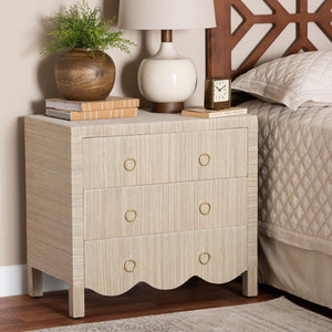 Baxton Studio bali Bali Umika Grasscloth Nightstand - Bohemian 3-Drawer Accent Chest with Gold Pulls for Bedroom Elegance Umika-Scalloped-Beige-Grasscloth-NS
