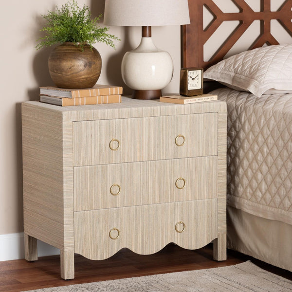 Baxton Studio bali Bali Umika Grasscloth Nightstand - Bohemian 3-Drawer Accent Chest with Gold Pulls for Bedroom Elegance Umika-Scalloped-Beige-Grasscloth-NS