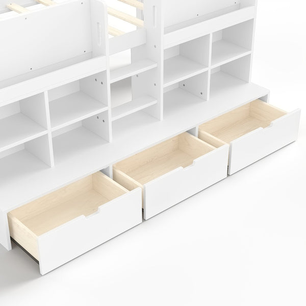 English Elm Full Bunk Bed with Trundle Bookshelf Storage Pine Frame Car Design for Kids W1580S00397