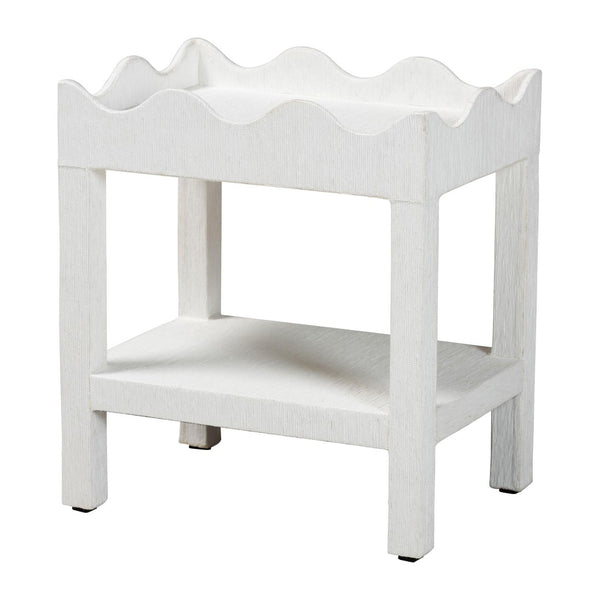 Baxton Studio bali Bali Sebastian Grasscloth Scalloped End Table - Chic 2-Tier Accent Table with Open Shelf Storage White Sebastian 2 Tier-White-End Table