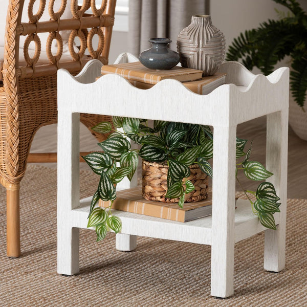 Baxton Studio bali Bali Sebastian Grasscloth Scalloped End Table - Chic 2-Tier Accent Table with Open Shelf Storage White Sebastian 2 Tier-White-End Table