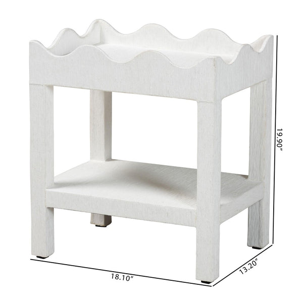Baxton Studio bali Bali Sebastian Grasscloth Scalloped End Table - Chic 2-Tier Accent Table with Open Shelf Storage White Sebastian 2 Tier-White-End Table