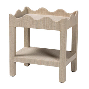 Baxton Studio bali Bali Sebastian Grasscloth Scalloped End Table - Chic 2-Tier Accent Table with Open Shelf Storage Beige Sebastian 2 Tier-Beige-End Table