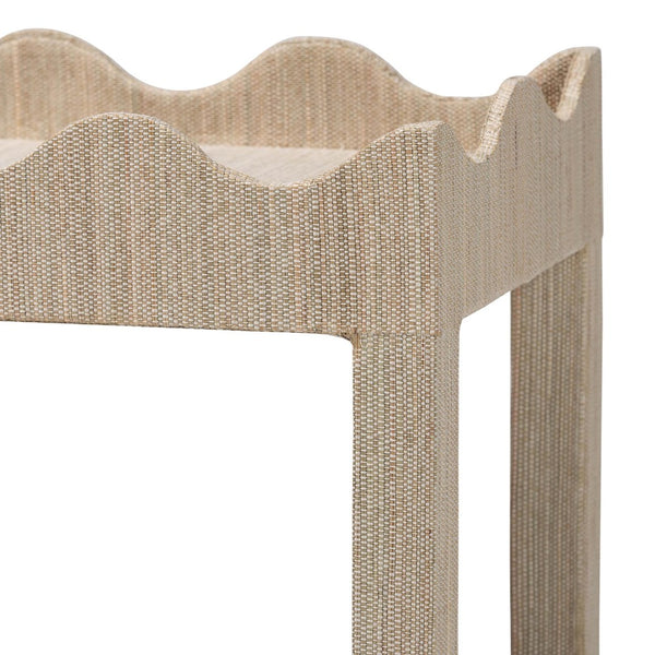 Baxton Studio bali Bali Sebastian Grasscloth Scalloped End Table - Chic 2-Tier Accent Table with Open Shelf Storage Beige Sebastian 2 Tier-Beige-End Table