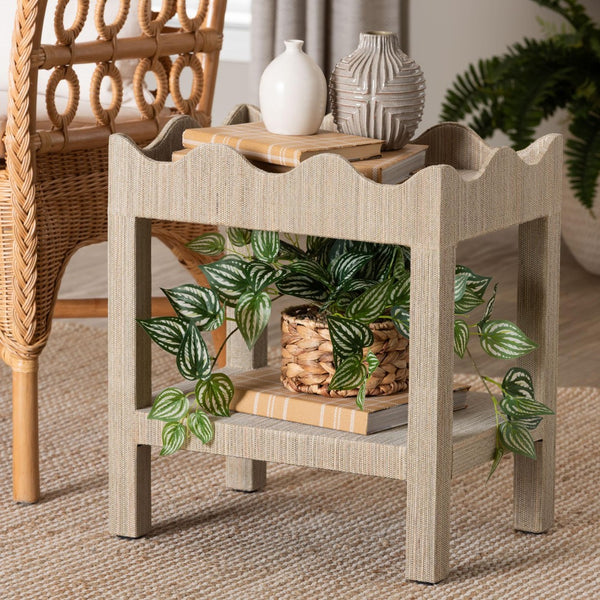 Baxton Studio bali Bali Sebastian Grasscloth Scalloped End Table - Chic 2-Tier Accent Table with Open Shelf Storage Beige Sebastian 2 Tier-Beige-End Table