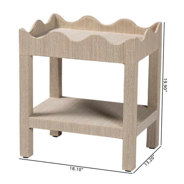 Baxton Studio bali Bali Sebastian Grasscloth Scalloped End Table - Chic 2-Tier Accent Table with Open Shelf Storage Beige Sebastian 2 Tier-Beige-End Table