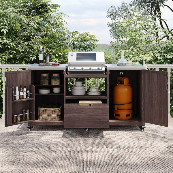 English Elm K&K 66.5" Outdoor Kitchen Island with 1.2" Stainless Steel Top, Ample Storage, Wheels & Bottle Opener Brown N707P250629Z