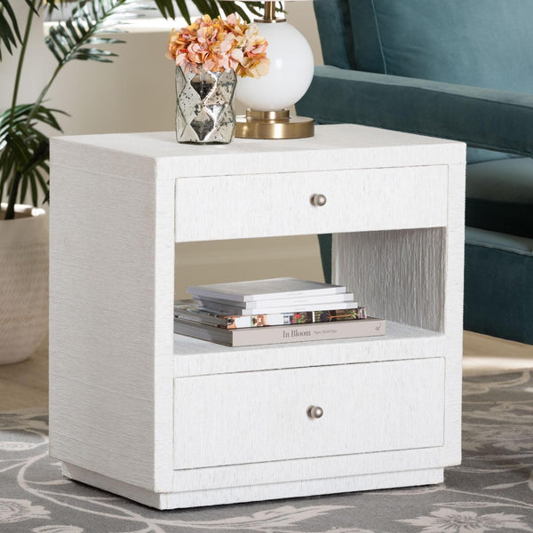 Baxton Studio bali Kai Grasscloth End Table - Handwoven 2-Drawer Nightstand with Open Shelf for Stylish Storage KAI-2 Drawer-White-End Table