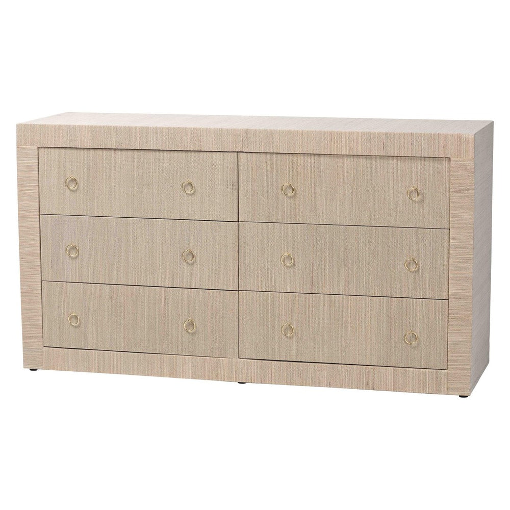 Baxton Studio bali Sage Natural Grasscloth Dresser - 6-Drawer Coastal Storage Cabinet with Elegant Gold Pulls Sage-6 Drawer-Beige-Dresser
