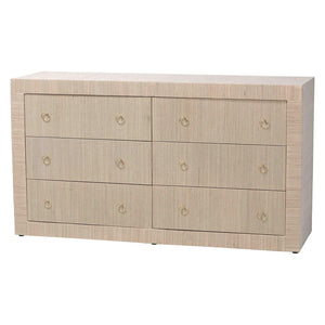 Baxton Studio bali Sage Natural Grasscloth Dresser - 6-Drawer Coastal Storage Cabinet with Elegant Gold Pulls Sage-6 Drawer-Beige-Dresser