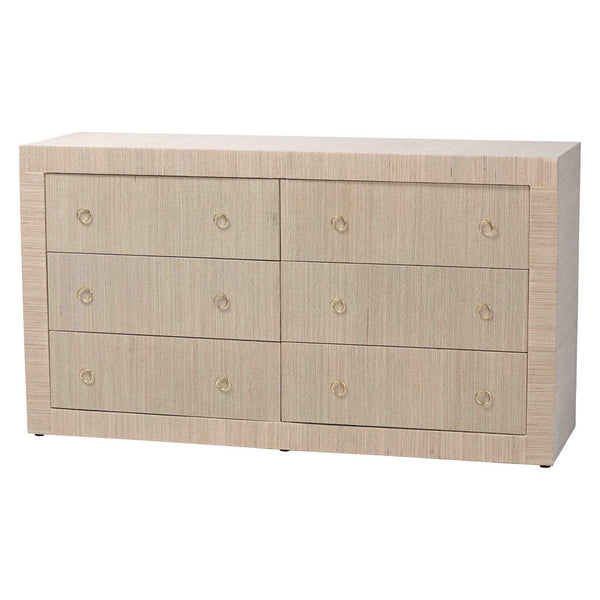 Baxton Studio bali Sage Natural Grasscloth Dresser - 6-Drawer Coastal Storage Cabinet with Elegant Gold Pulls Sage-6 Drawer-Beige-Dresser