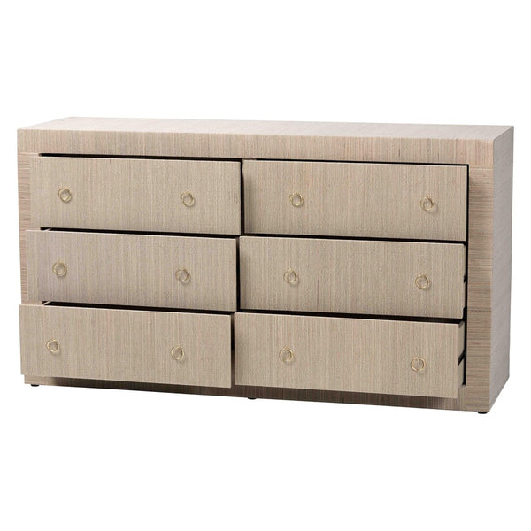Baxton Studio bali Sage Natural Grasscloth Dresser - 6-Drawer Coastal Storage Cabinet with Elegant Gold Pulls Sage-6 Drawer-Beige-Dresser