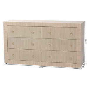 Baxton Studio bali Sage Natural Grasscloth Dresser - 6-Drawer Coastal Storage Cabinet with Elegant Gold Pulls Sage-6 Drawer-Beige-Dresser