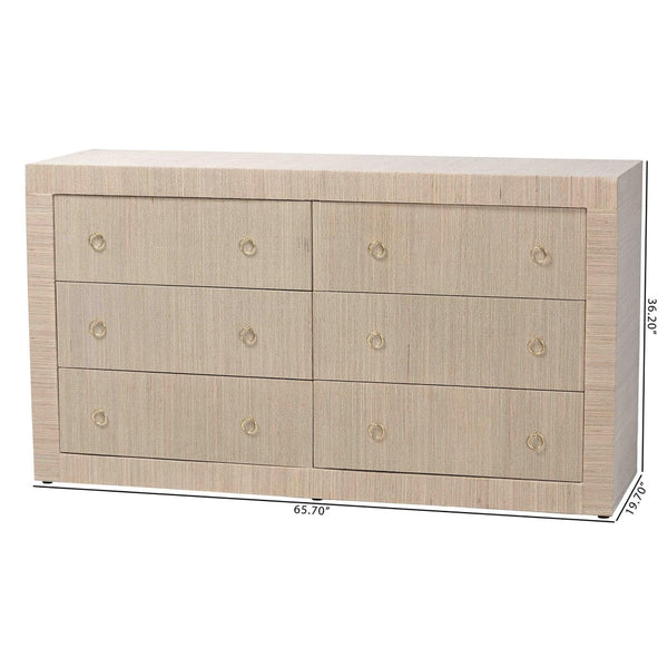 Baxton Studio bali Sage Natural Grasscloth Dresser - 6-Drawer Coastal Storage Cabinet with Elegant Gold Pulls Sage-6 Drawer-Beige-Dresser