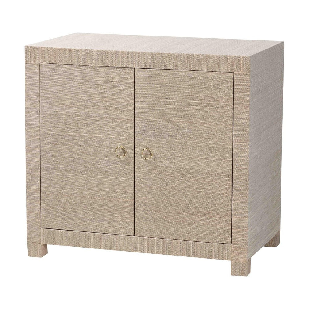 Baxton Studio bali Halen Natural Grasscloth Storage Cabinet - Elegant Two-Door Console with Gold Pulls, Coastal Charm Halen-Beige-Cabinet