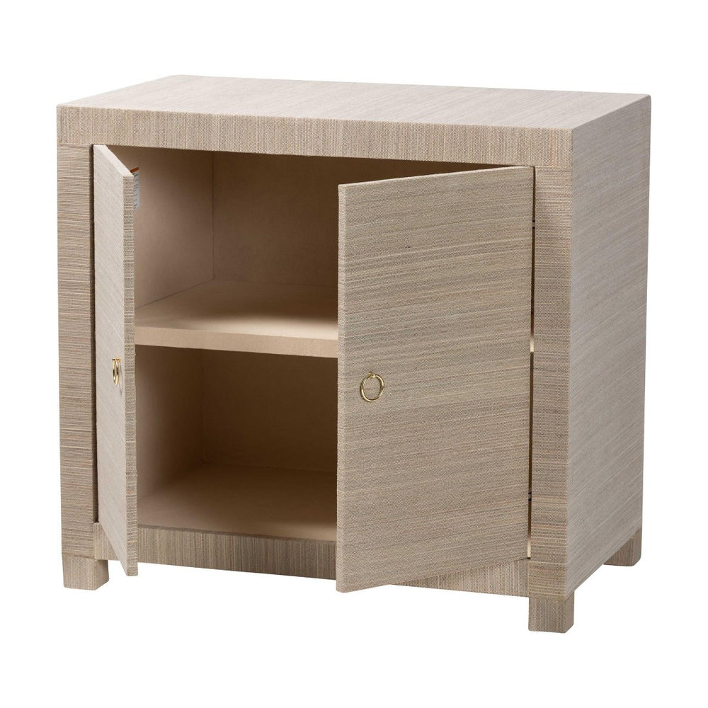 Baxton Studio bali Halen Natural Grasscloth Storage Cabinet - Elegant Two-Door Console with Gold Pulls, Coastal Charm Halen-Beige-Cabinet