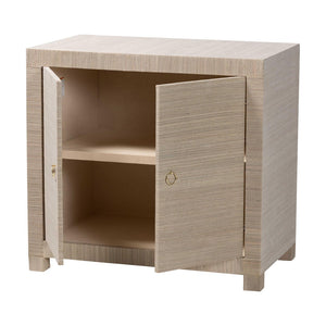 Baxton Studio bali Halen Natural Grasscloth Storage Cabinet - Elegant Two-Door Console with Gold Pulls, Coastal Charm Halen-Beige-Cabinet