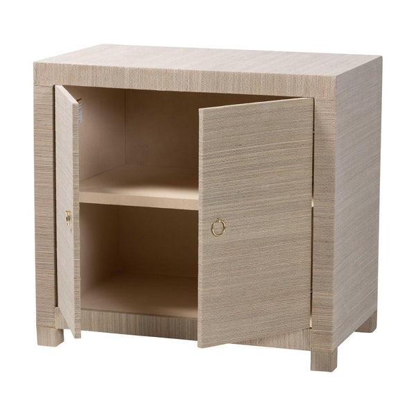 Baxton Studio bali Halen Natural Grasscloth Storage Cabinet - Elegant Two-Door Console with Gold Pulls, Coastal Charm Halen-Beige-Cabinet