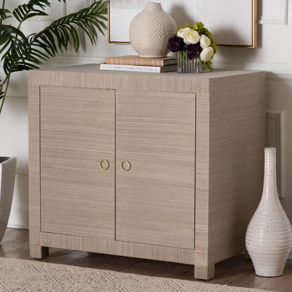 Baxton Studio bali Halen Natural Grasscloth Storage Cabinet - Elegant Two-Door Console with Gold Pulls, Coastal Charm Halen-Beige-Cabinet