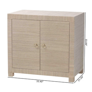Baxton Studio bali Halen Natural Grasscloth Storage Cabinet - Elegant Two-Door Console with Gold Pulls, Coastal Charm Halen-Beige-Cabinet