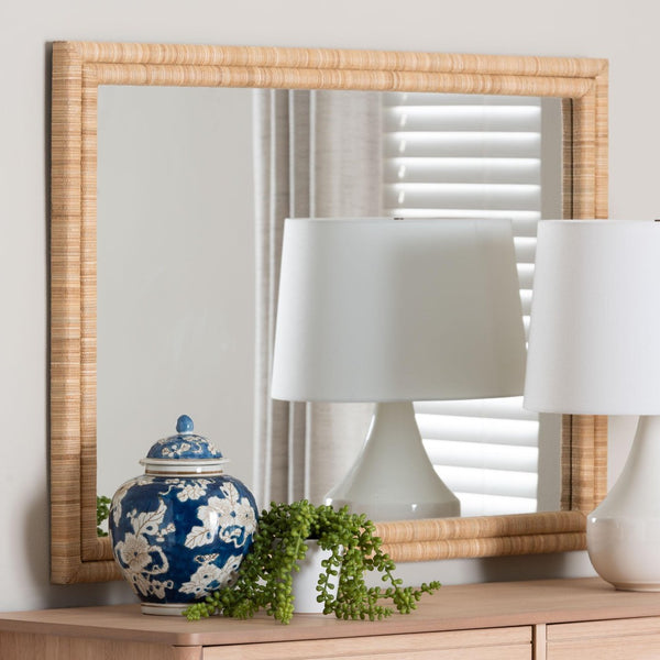 Baxton Studio bali Canan Grasscloth Wall Mirror - Handwoven Accent Piece for Bedroom, Entryway, or Living Room Decor Canan-Light Brown-Rectangular Woven-Mirror