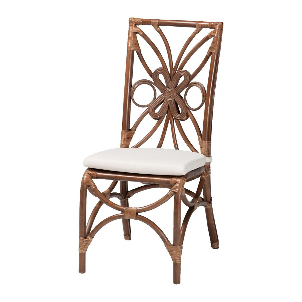 Baxton Studio bali Natural Rattan Dining Chair - Handcrafted Boho Coastal Style with Decorative Backrest & Cushion Brama-Light Brown Rattan-Cushion-DC