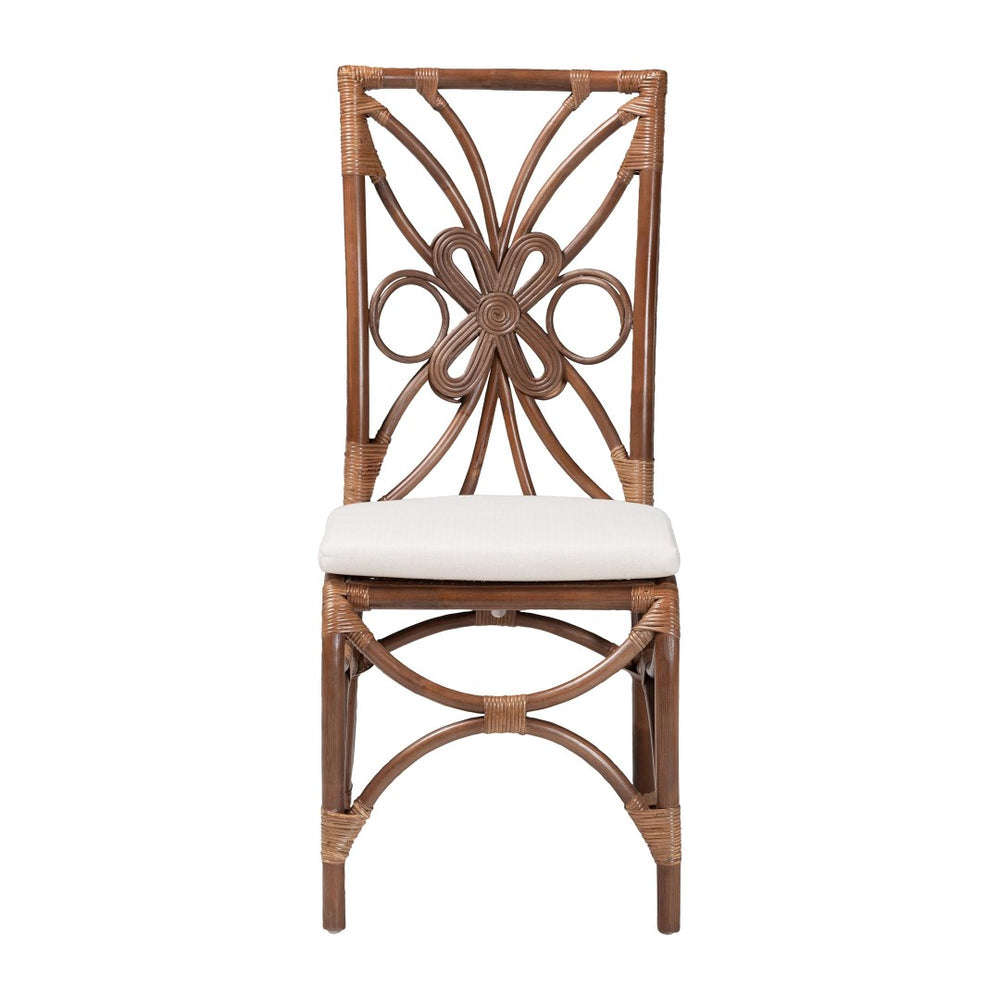 Baxton Studio bali Natural Rattan Dining Chair - Handcrafted Boho Coastal Style with Decorative Backrest & Cushion Brama-Light Brown Rattan-Cushion-DC