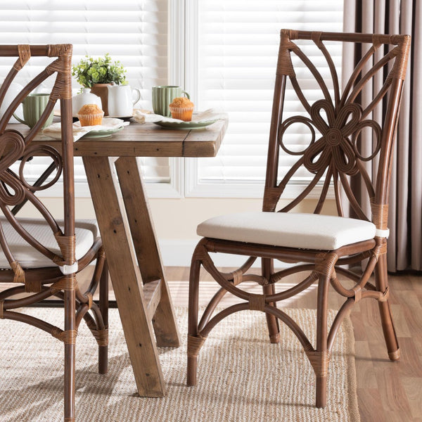 Baxton Studio bali Natural Rattan Dining Chair - Handcrafted Boho Coastal Style with Decorative Backrest & Cushion Brama-Light Brown Rattan-Cushion-DC