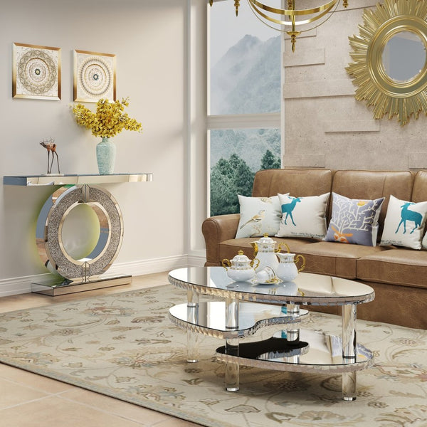 English Elm Silver Mirrored Oval Coffee Table Crystal Trim Acrylic Legs Glam Living Room Decor W3836P382489