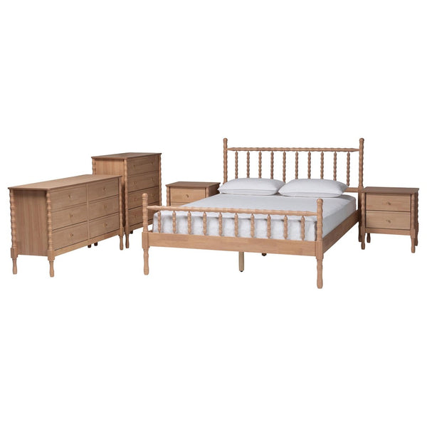 Baxton Studio Baxton Studio Laurent 5-Piece Bedroom Set - Charming Spindle Bed, Dresser, Chest & Nightstands Candis-Beech-Queen 5PC Bedroom Set