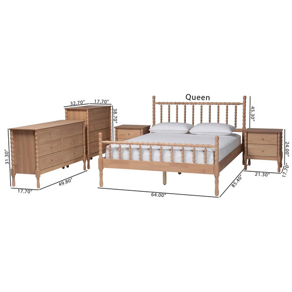Baxton Studio Baxton Studio Laurent 5-Piece Bedroom Set - Charming Spindle Bed, Dresser, Chest & Nightstands Candis-Beech-Queen 5PC Bedroom Set