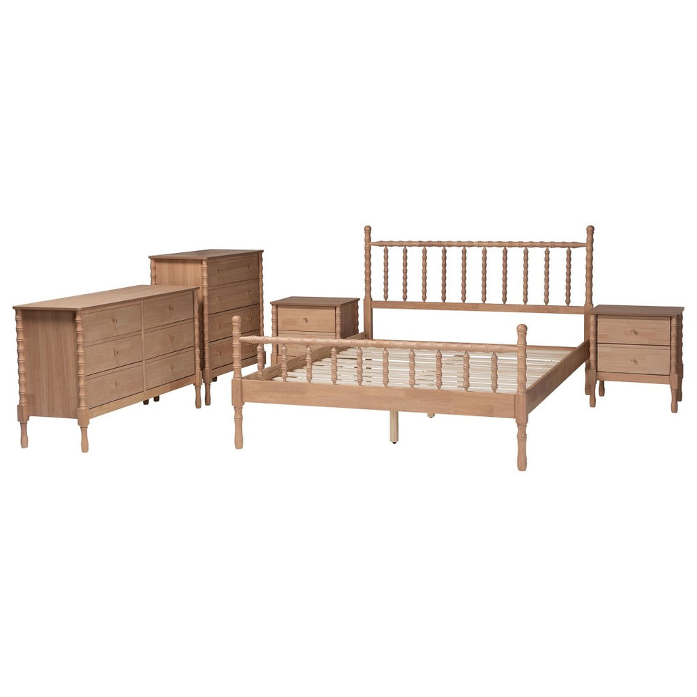 Baxton Studio Baxton Studio Laurent 5-Piece Bedroom Set - Charming Spindle Bed, Dresser, Chest & Nightstands Candis-Beech-Queen 5PC Bedroom Set