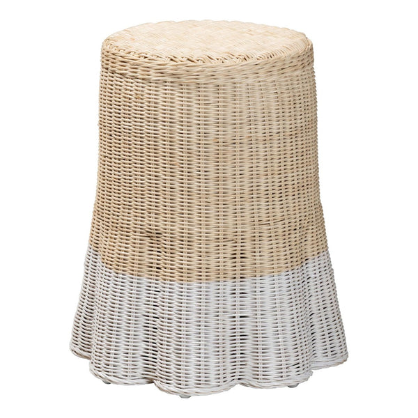Baxton Studio bali & pari Sarna Handwoven Rattan End Table - Coastal Boho Accent Table with Scalloped Base & Non-Marking Feet Sarna-Natural/White-Rattan-ET
