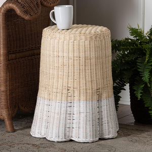 Baxton Studio bali & pari Sarna Handwoven Rattan End Table - Coastal Boho Accent Table with Scalloped Base & Non-Marking Feet Sarna-Natural/White-Rattan-ET