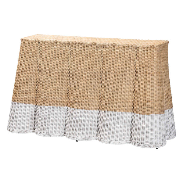 Baxton Studio Bali Handwoven Palm Scallop Rattan Console Table 54" Two-Tone White Natural Coastal Boho Chic Palm-Natural/White Rattan-Console Table