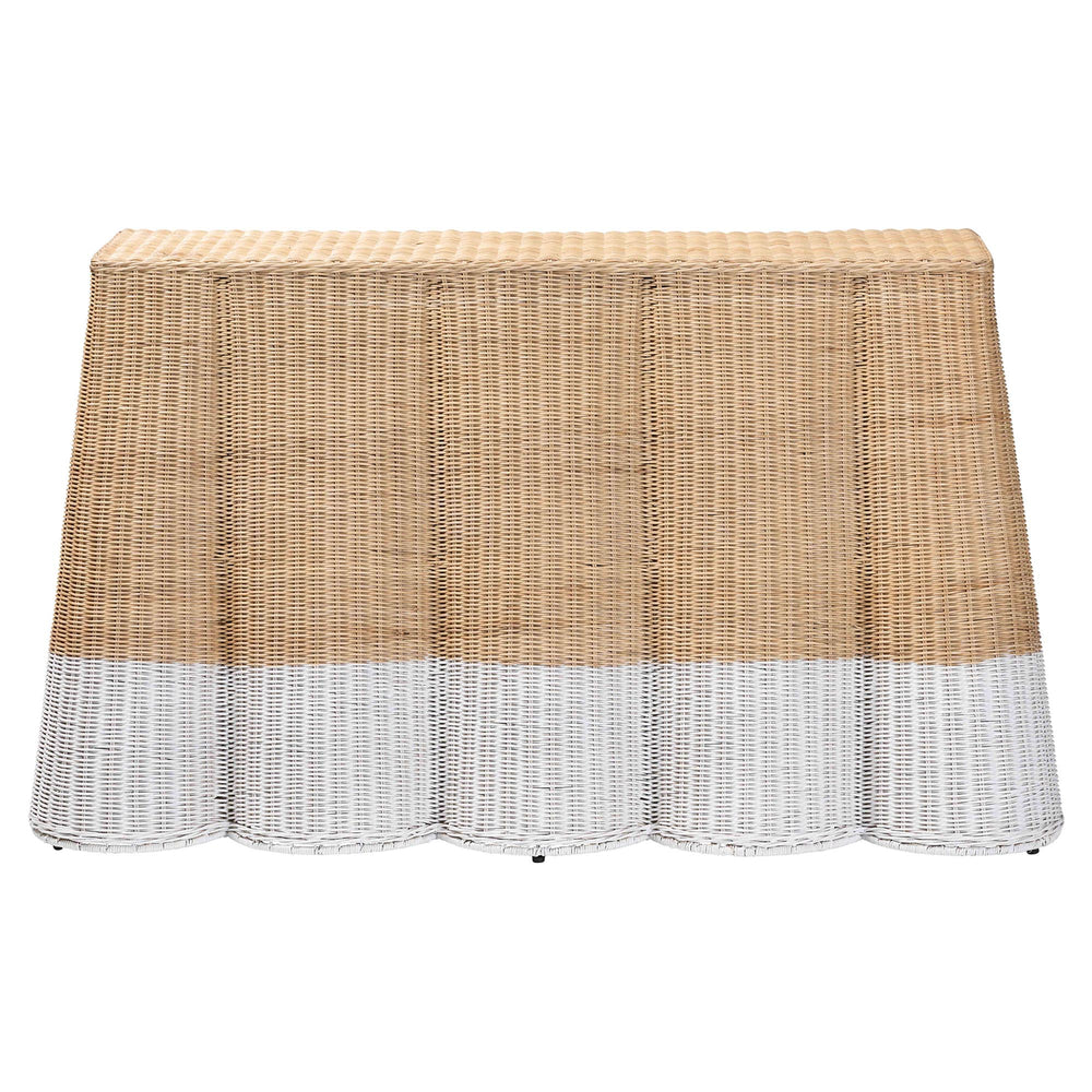 Baxton Studio Bali Handwoven Palm Scallop Rattan Console Table 54" Two-Tone White Natural Coastal Boho Chic Palm-Natural/White Rattan-Console Table