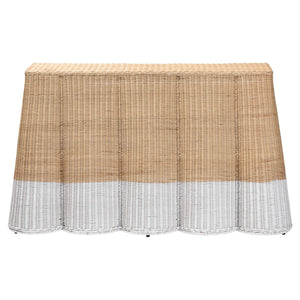 Baxton Studio Bali Handwoven Palm Scallop Rattan Console Table 54" Two-Tone White Natural Coastal Boho Chic Palm-Natural/White Rattan-Console Table