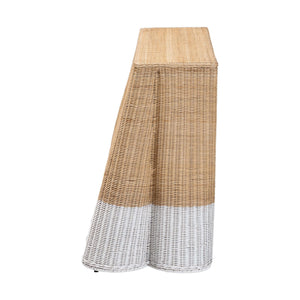 Baxton Studio Bali Handwoven Palm Scallop Rattan Console Table 54" Two-Tone White Natural Coastal Boho Chic Palm-Natural/White Rattan-Console Table