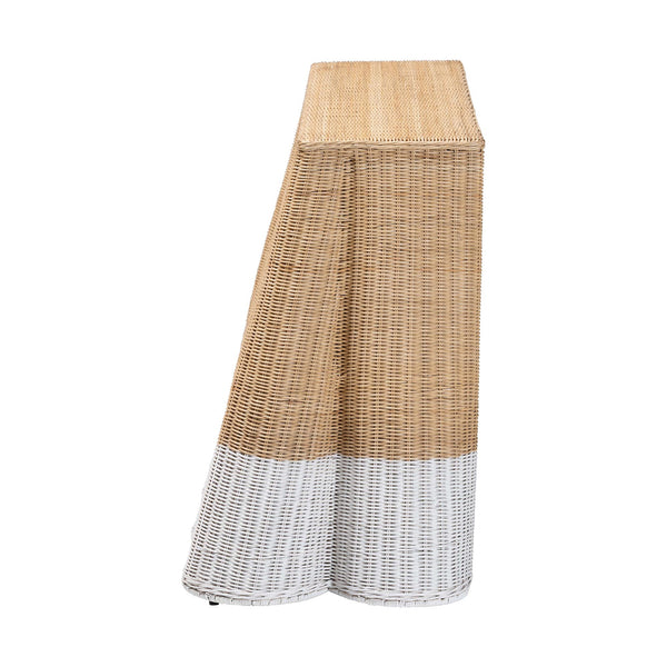 Baxton Studio Bali Handwoven Palm Scallop Rattan Console Table 54" Two-Tone White Natural Coastal Boho Chic Palm-Natural/White Rattan-Console Table