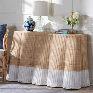 Baxton Studio Bali Handwoven Palm Scallop Rattan Console Table 54" Two-Tone White Natural Coastal Boho Chic Palm-Natural/White Rattan-Console Table