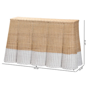 Baxton Studio Bali Handwoven Palm Scallop Rattan Console Table 54" Two-Tone White Natural Coastal Boho Chic Palm-Natural/White Rattan-Console Table