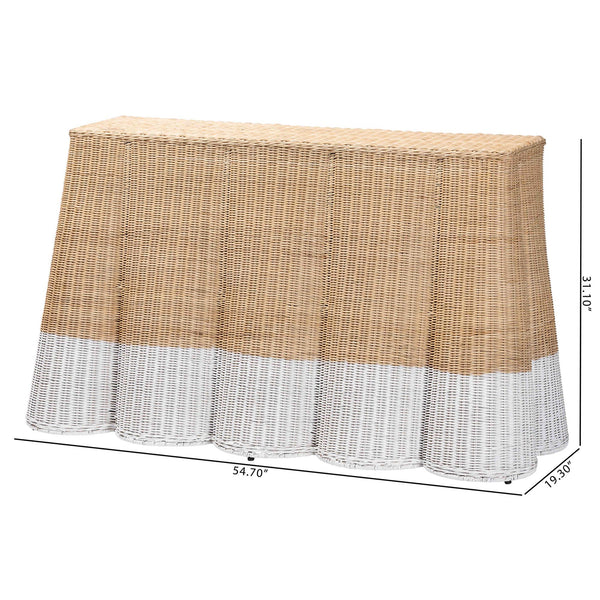 Baxton Studio Bali Handwoven Palm Scallop Rattan Console Table 54" Two-Tone White Natural Coastal Boho Chic Palm-Natural/White Rattan-Console Table