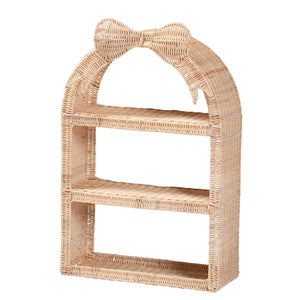 Baxton Studio bali Creusa 3-Tier Natural Rattan Wall Shelf - Boho Coastal Display Rack with Arched Frame & Bow Accent WS159-Natural Rattan-Wall Shelf