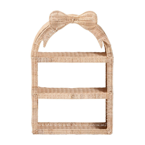 Baxton Studio bali Creusa 3-Tier Natural Rattan Wall Shelf - Boho Coastal Display Rack with Arched Frame & Bow Accent WS159-Natural Rattan-Wall Shelf