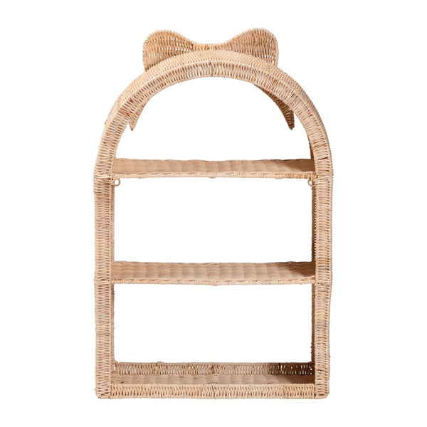 Baxton Studio bali Creusa 3-Tier Natural Rattan Wall Shelf - Boho Coastal Display Rack with Arched Frame & Bow Accent WS159-Natural Rattan-Wall Shelf