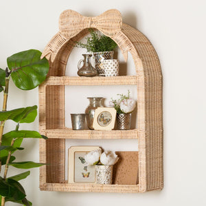Baxton Studio bali Creusa 3-Tier Natural Rattan Wall Shelf - Boho Coastal Display Rack with Arched Frame & Bow Accent WS159-Natural Rattan-Wall Shelf