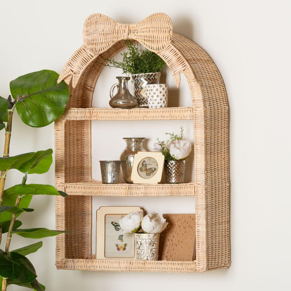 Baxton Studio bali Creusa 3-Tier Natural Rattan Wall Shelf - Boho Coastal Display Rack with Arched Frame & Bow Accent WS159-Natural Rattan-Wall Shelf
