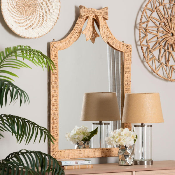 Baxton Studio bali Creusa Handwoven Rattan Wall Mirror - Arched Design with Bow Accent for Boho Coastal Decor WS160-Honey Rattan-Mirror